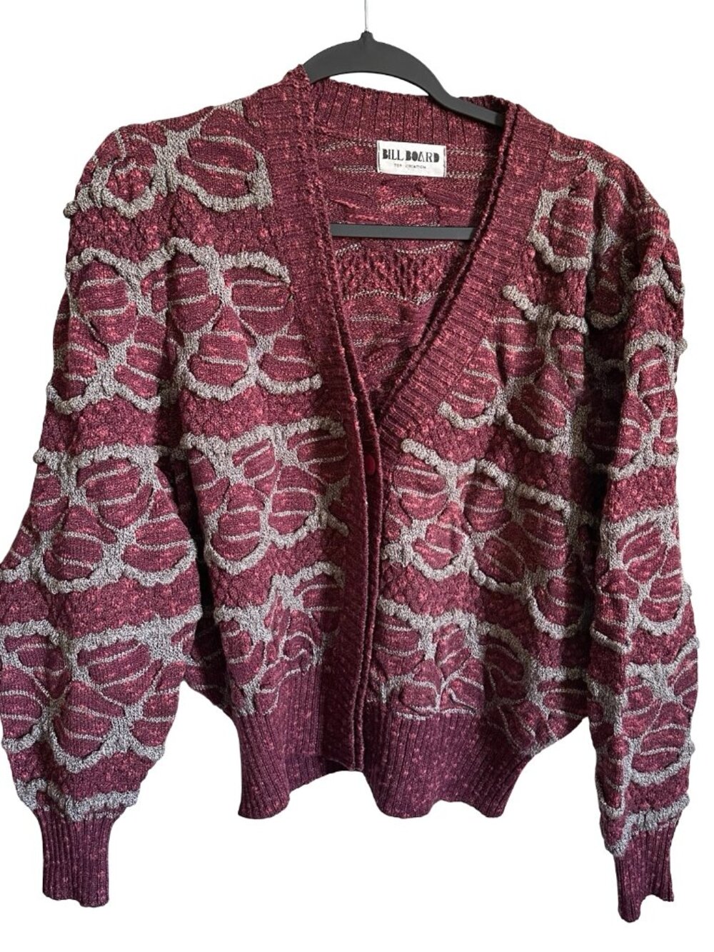 VTG Billboard 3D Knit Cardigan Sweater Pink Gray Multicolor Coogi Style 90s L